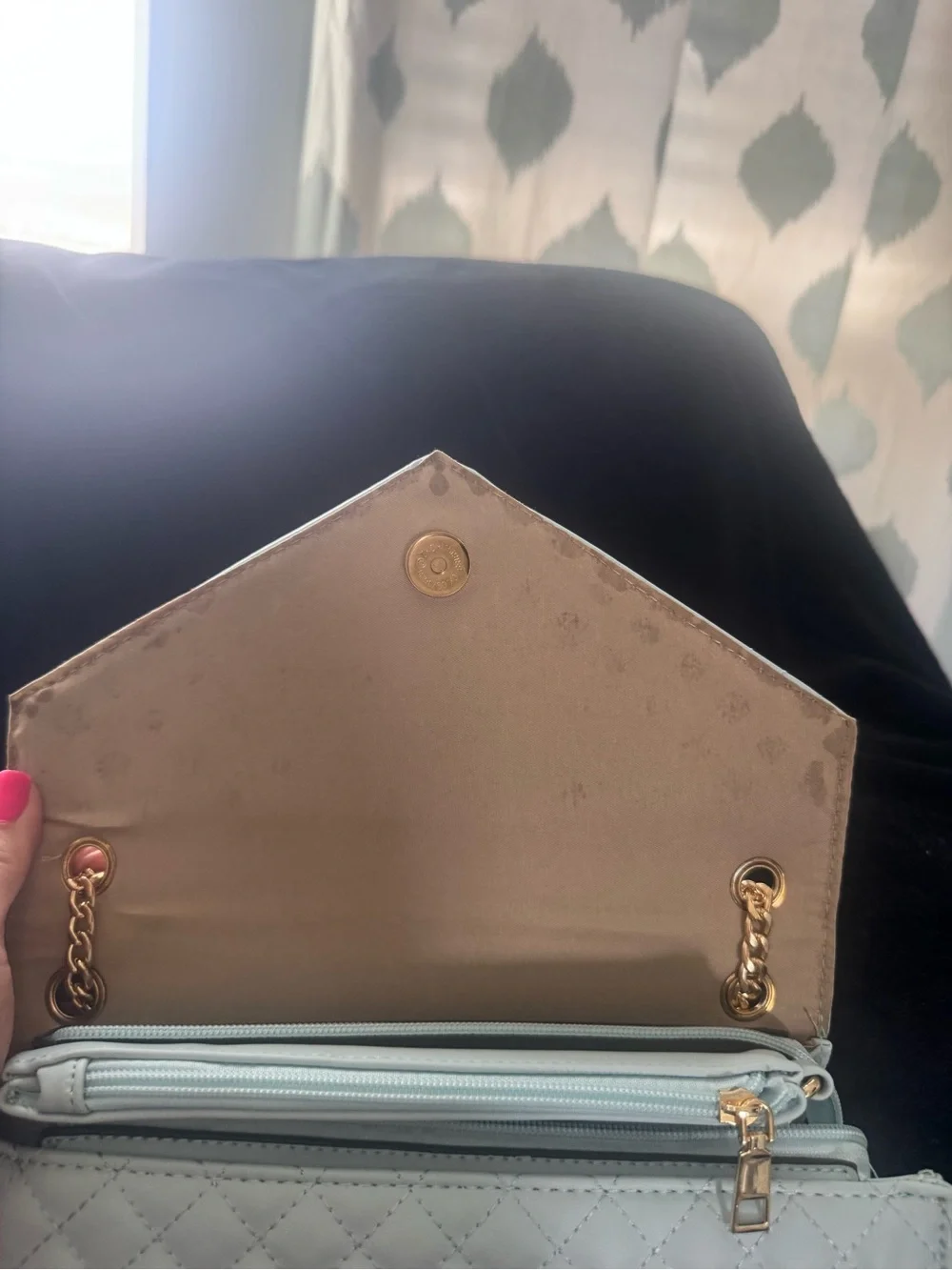 Quilted Chevron Flap Shoulder Bag with Wristlet - Pale Blue vegan leather